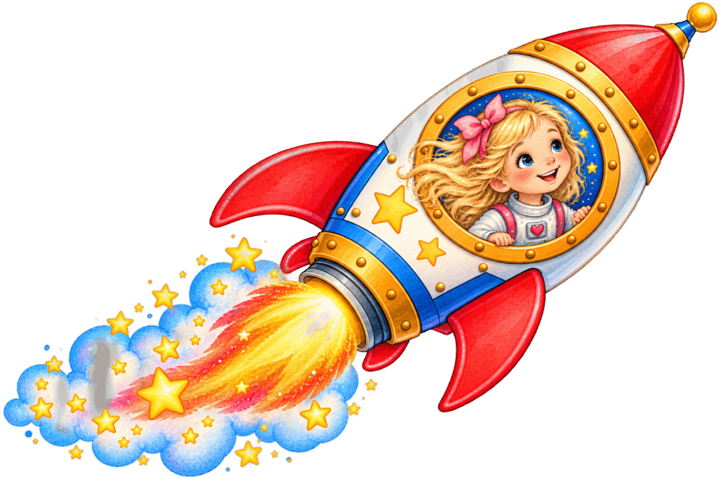 blonde girl with blue eyes flying in a rocket
